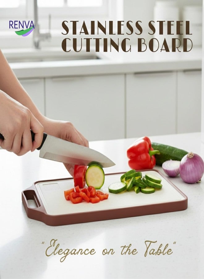 RENVA Stainless Steel Cutting Board,Double Sided Steel Cutting Boards for Kitchen,Stainless Steel/Wheat Straw pp Large Board for Meat,Non Toxic Chopping(38X29). (Brown) - Image 2